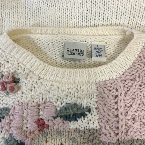 Classic Elements Vintage Chunky Hand Knit Sweater White Pink Flower Appliqué L - Picture 12 of 12